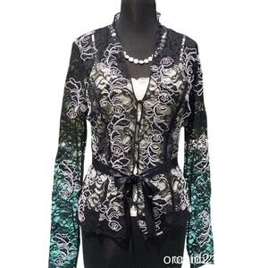 Cache Luxe Black Lace Sheer Illusion Lace Top Jacket White Trim New $228 NWT